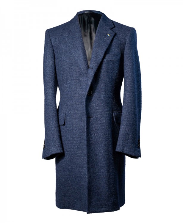 Cappotto bouclè blu in lana seta e...
