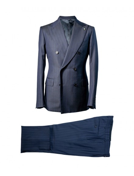 Abito doppiopetto gessato blu in 100% lana