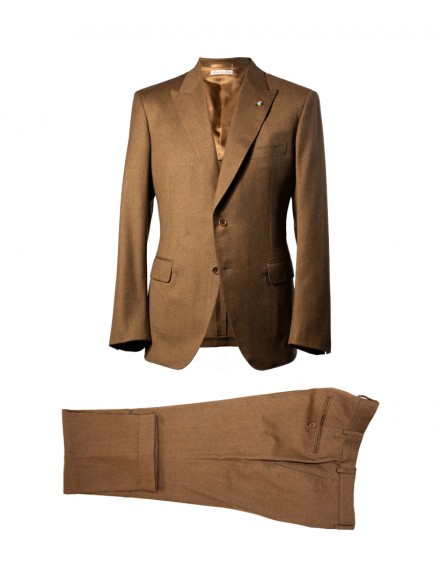 Khaki-colored single-breasted dress in wool flannel