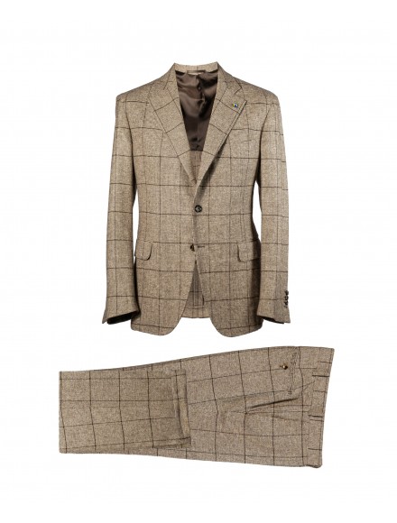 Abito monopetto a quadri colore naturale con check marrone scuro in 100% pelo di Yak | NATURAL SOFT