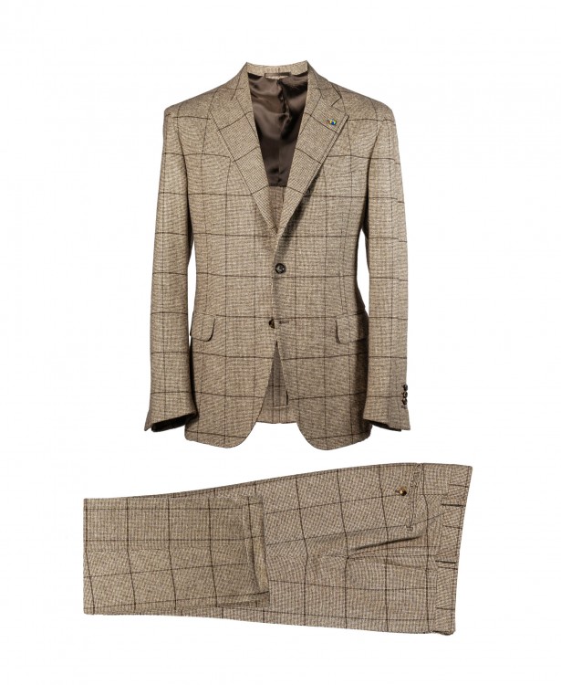Abito monopetto a quadri colore naturale con check marrone scuro in 100% pelo di Yak | NATURAL SOFT