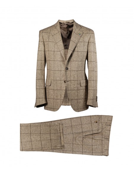 Abito monopetto a quadri colore naturale con check marrone scuro in 100% pelo di Yak | NATURAL SOFT