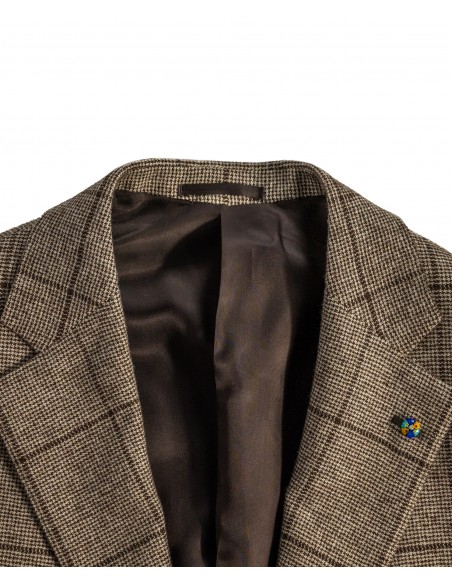 Abito monopetto a quadri colore naturale con check marrone scuro in 100% pelo di Yak | NATURAL SOFT