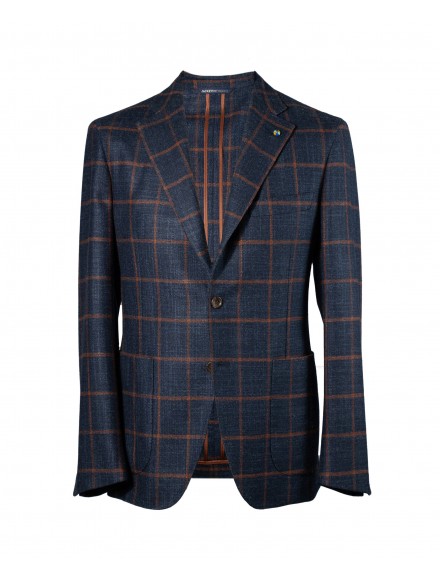 Giacca monopetto a quadri arancioni con fondo blu scuro in lana, seta e cashmere | JACKETINTHEBOX®