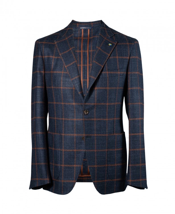 Dark blue single-breasted jacket with orange check in wool, silk and cashmere | JACKETINTHEBOX®