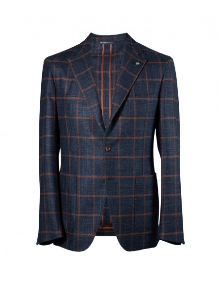 Dark blue single-breasted jacket with orange check in wool, silk and cashmere | JACKETINTHEBOX®