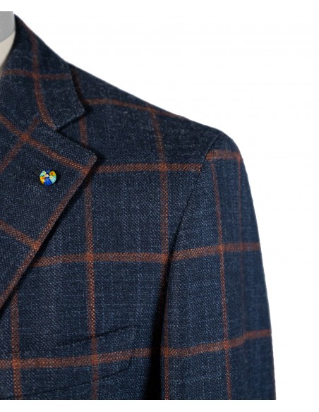Dark blue single-breasted jacket with orange check in wool, silk and cashmere | JACKETINTHEBOX®