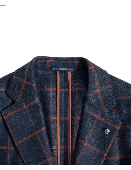 Dark blue single-breasted jacket with orange check in wool, silk and cashmere | JACKETINTHEBOX®
