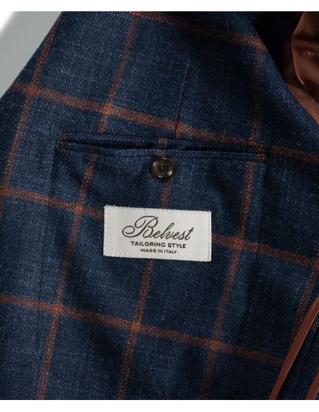 Dark blue single-breasted jacket with orange check in wool, silk and cashmere | JACKETINTHEBOX®