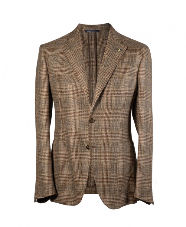 Brown single-breasted Prince of Wales jacket with dark brown check in 100% cashmere | JACKETINTHEBOX®