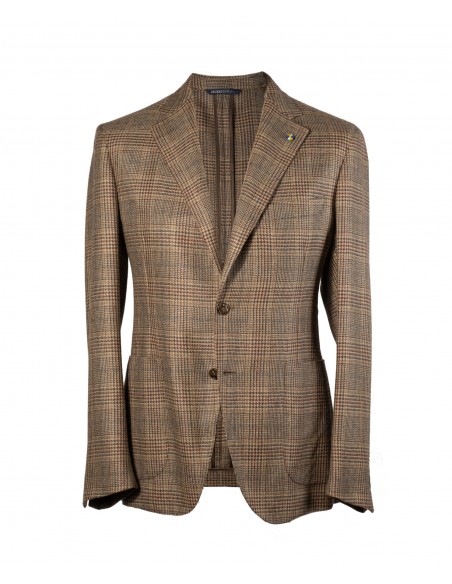 Brown single-breasted Prince of Wales jacket with dark brown check in 100% cashmere | JACKETINTHEBOX®