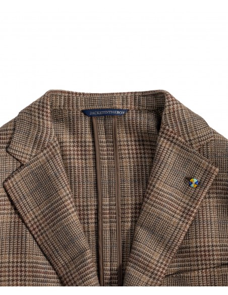 Brown single-breasted Prince of Wales jacket with dark brown check in 100% cashmere | JACKETINTHEBOX®