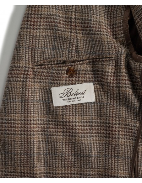 Brown single-breasted Prince of Wales jacket with dark brown check in 100% cashmere | JACKETINTHEBOX®