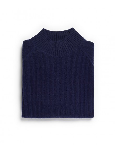 Navy blue sweater in wool and silk, with stand-up collar