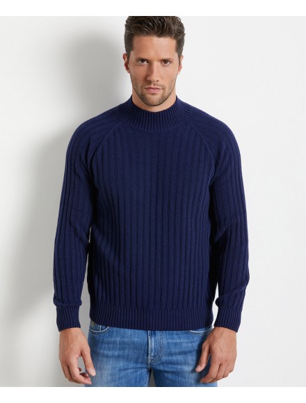 Navy blue sweater in wool and silk, with stand-up collar 2
