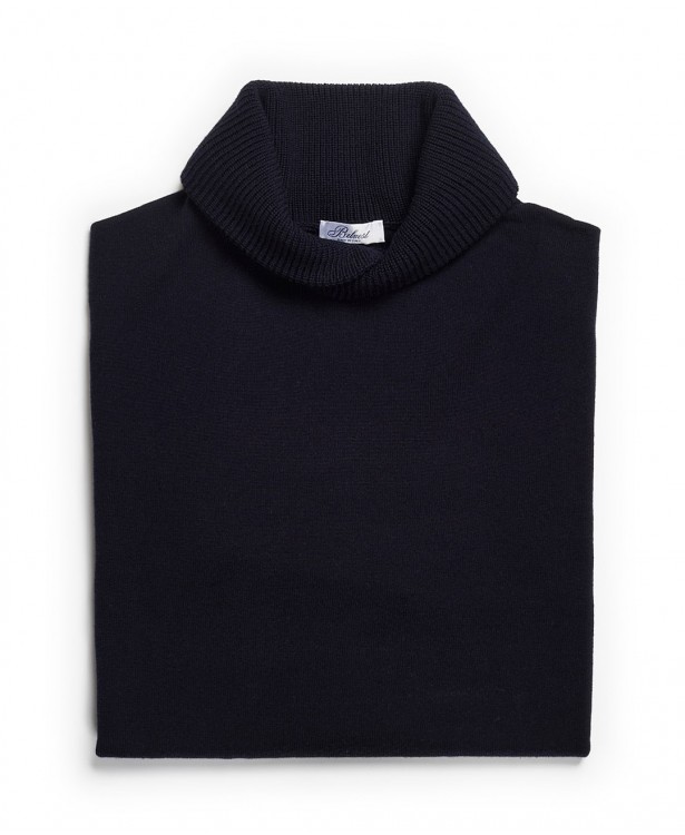 Navy blue wool sweater with shawl collar