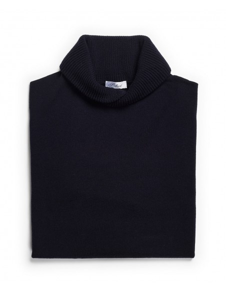 Navy blue wool sweater with shawl collar
