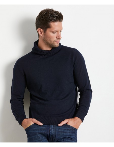 Navy blue wool sweater with shawl collar
