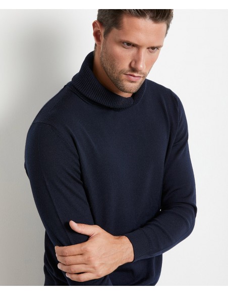 Navy blue wool sweater with shawl collar