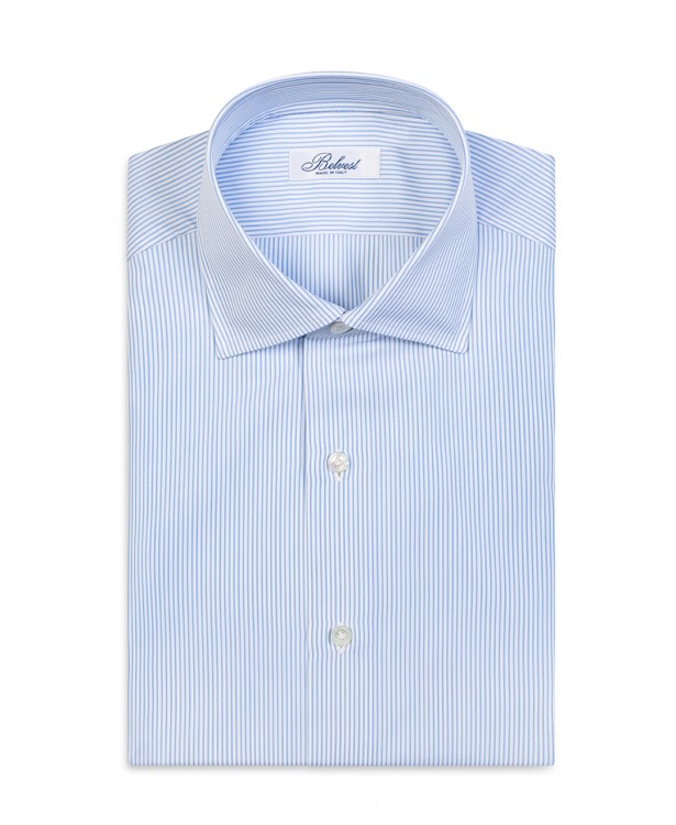 White and light blue striped pure cotton tailored shirt