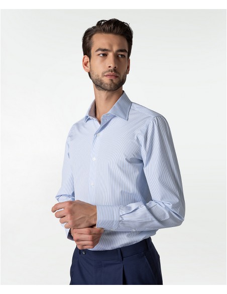 White and light blue striped pure cotton tailored shirt