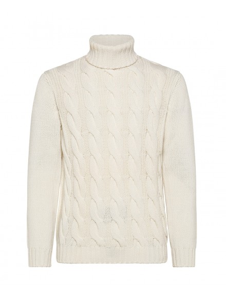White turtleneck sweater in cashmere with braided pattern