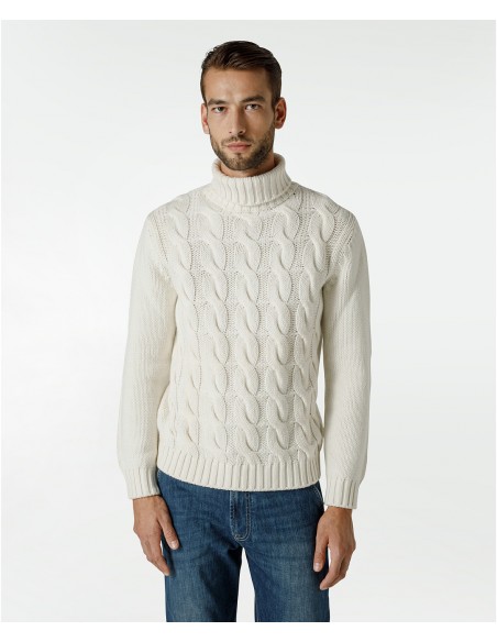White turtleneck sweater in cashmere with braided pattern White turtleneck sweater in cashmere with braided pattern