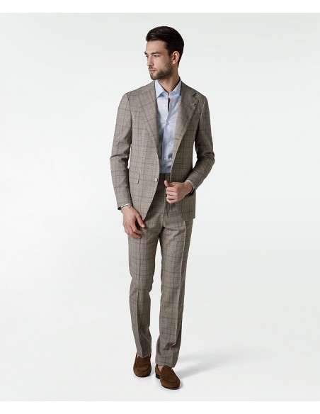 Unlined suit with beige Prince of Wales motif in pure wool