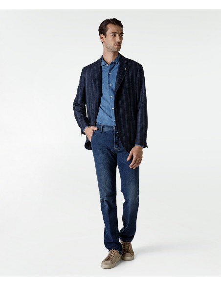 Blue wool and silk pinstripe jacket
